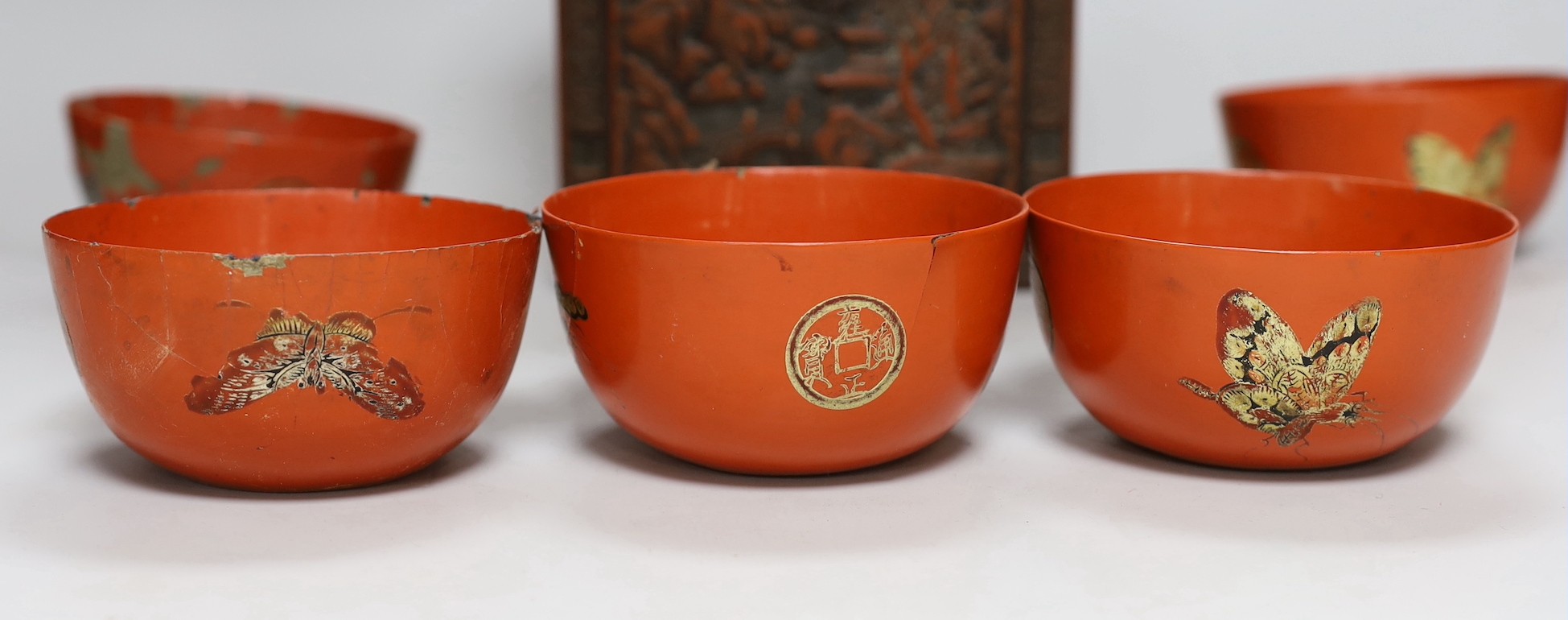 A Chinese rectangular lacquer box, five bowls and an egg shaped box, box 22cms wide x 17cms deep